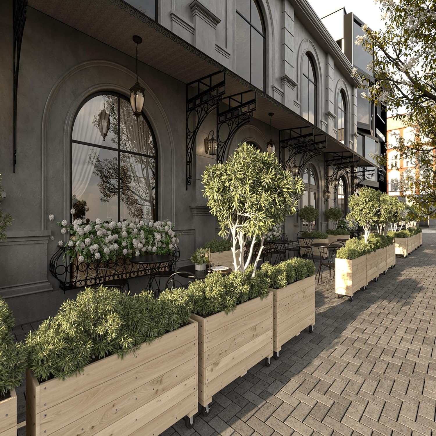 Generic 40x32x12in Indoor/Outdoor Mobile Wood Planter w/Lockable Wheels, Rolling Wood Planter Box Residential/Commercial