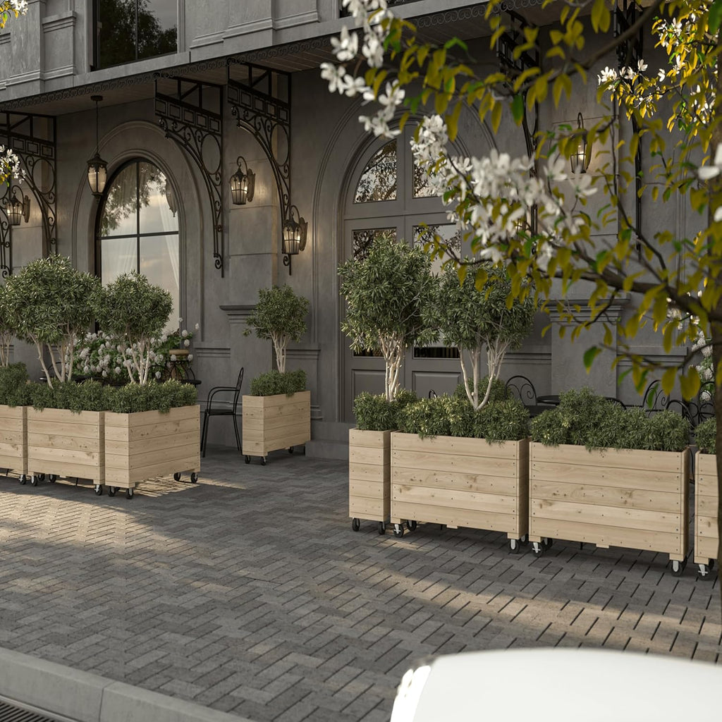 Generic 40x32x12in Indoor/Outdoor Mobile Wood Planter w/Lockable Wheels, Rolling Wood Planter Box Residential/Commercial