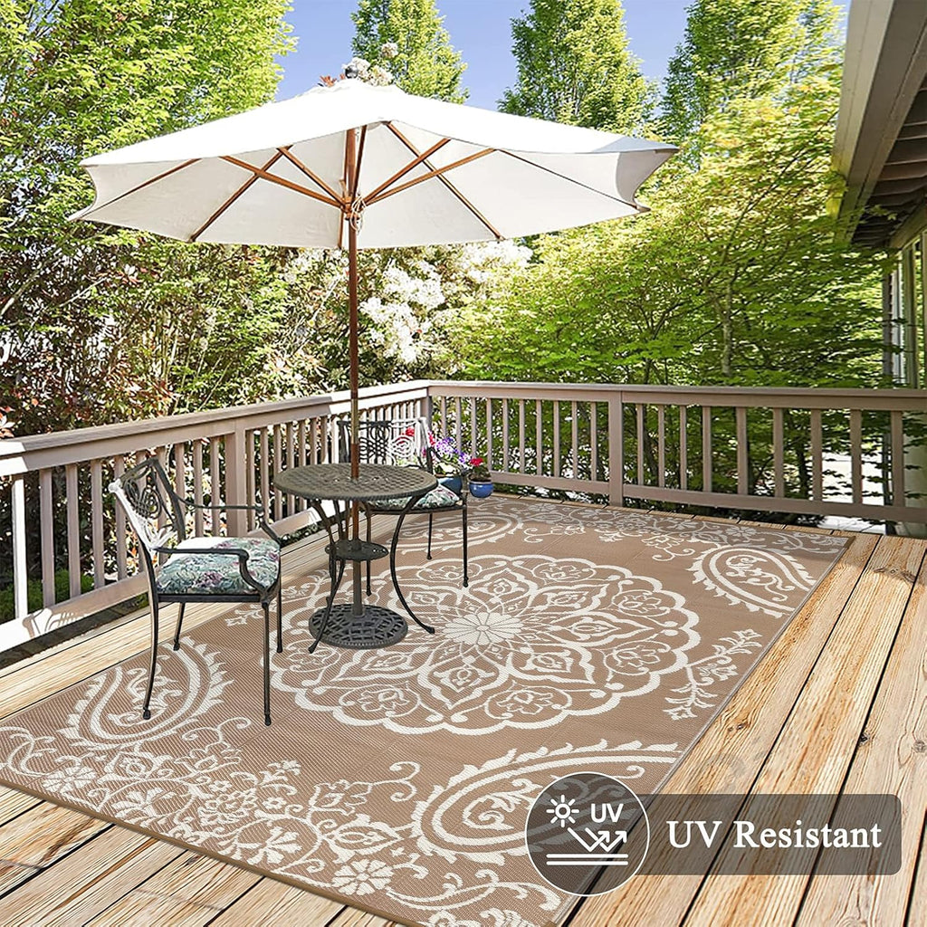 Pauwer Waterproof Outdoor Rug 6x9, Reversible Plastic Straw Patio Camping Rug, Indoor Outdoor RV Mat Carpet for Deck, Camper, Porch, Balcony, Backyard, Picnic, Boho Brown