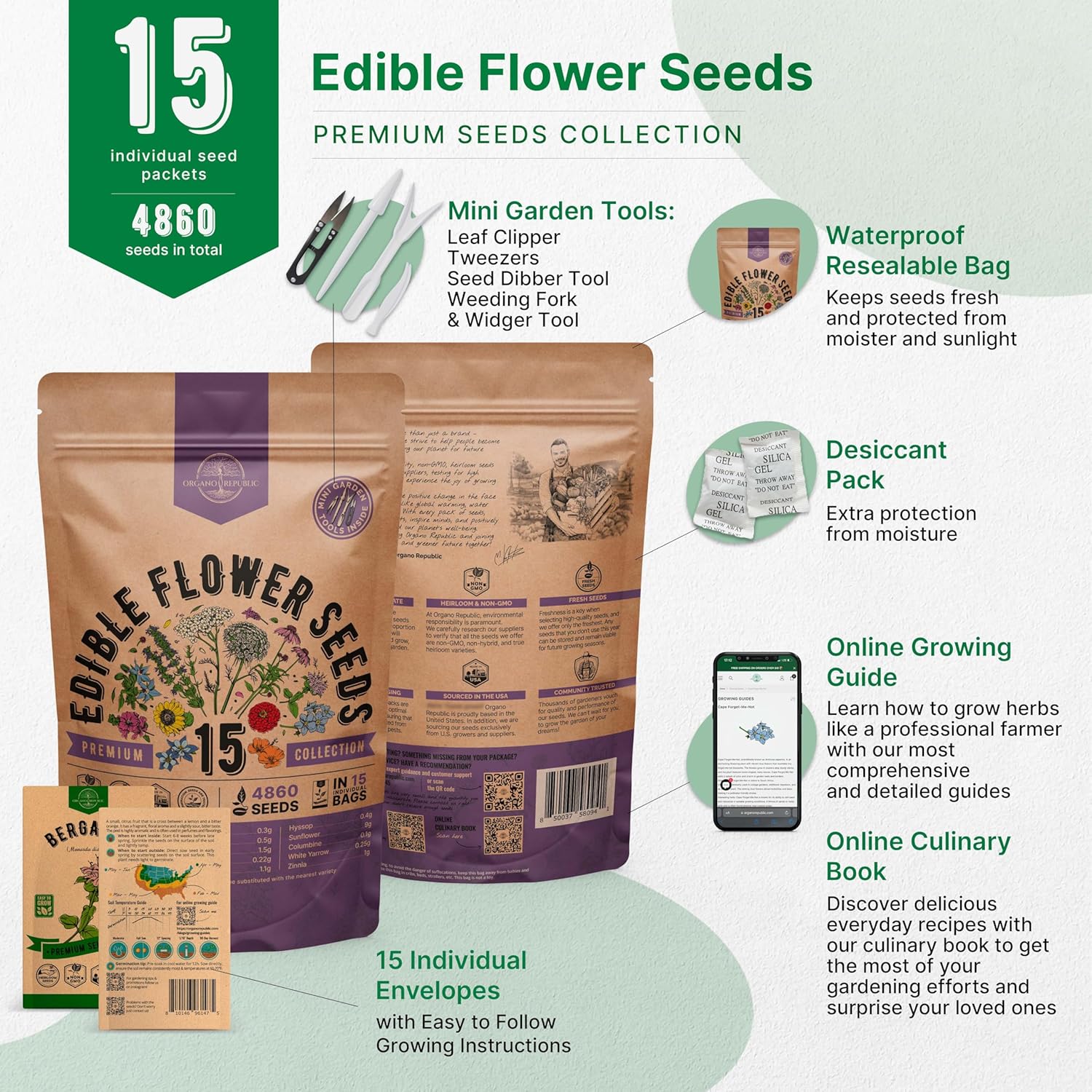 Organo Republic 15 Edible Flower Seeds Variety Pack- Indoor/Outdoor. 4800+ Non-GMO Heirloom Flower: Borage, Bishop's Flower, Chicory, Chives, Hyssop, Echinacea, Lavender Seeds & More