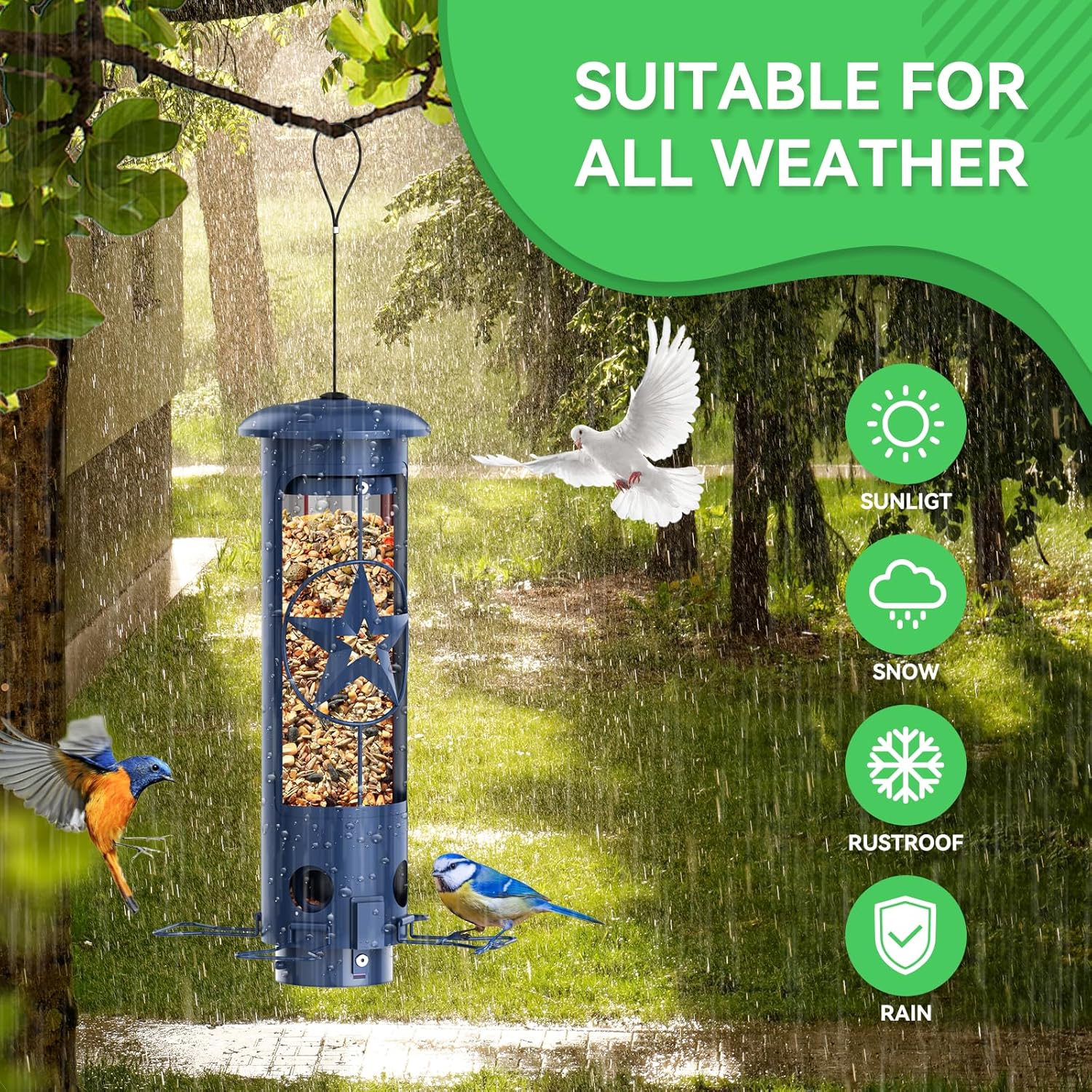 Squirrel Proof Bird Feeders for Outdoors Hanging, Metal Squirrel Proof Bird Feeder with Gravity Protection, 3LB Large Capacity Wild Bird Feeders for Outside Finch, Cardinal, Blue Jay (Blue)