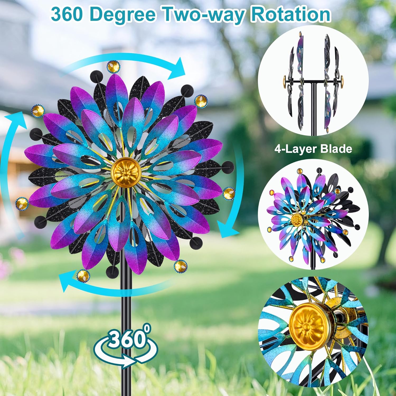 Metal Wind Spinner Outdoor - 63 inch Large Double Kinetic Art Garden Wind Sculpture & Spinners 360° Dual Direction Swivel Waterproof Windmill for Yard Patio Lawn Decoration