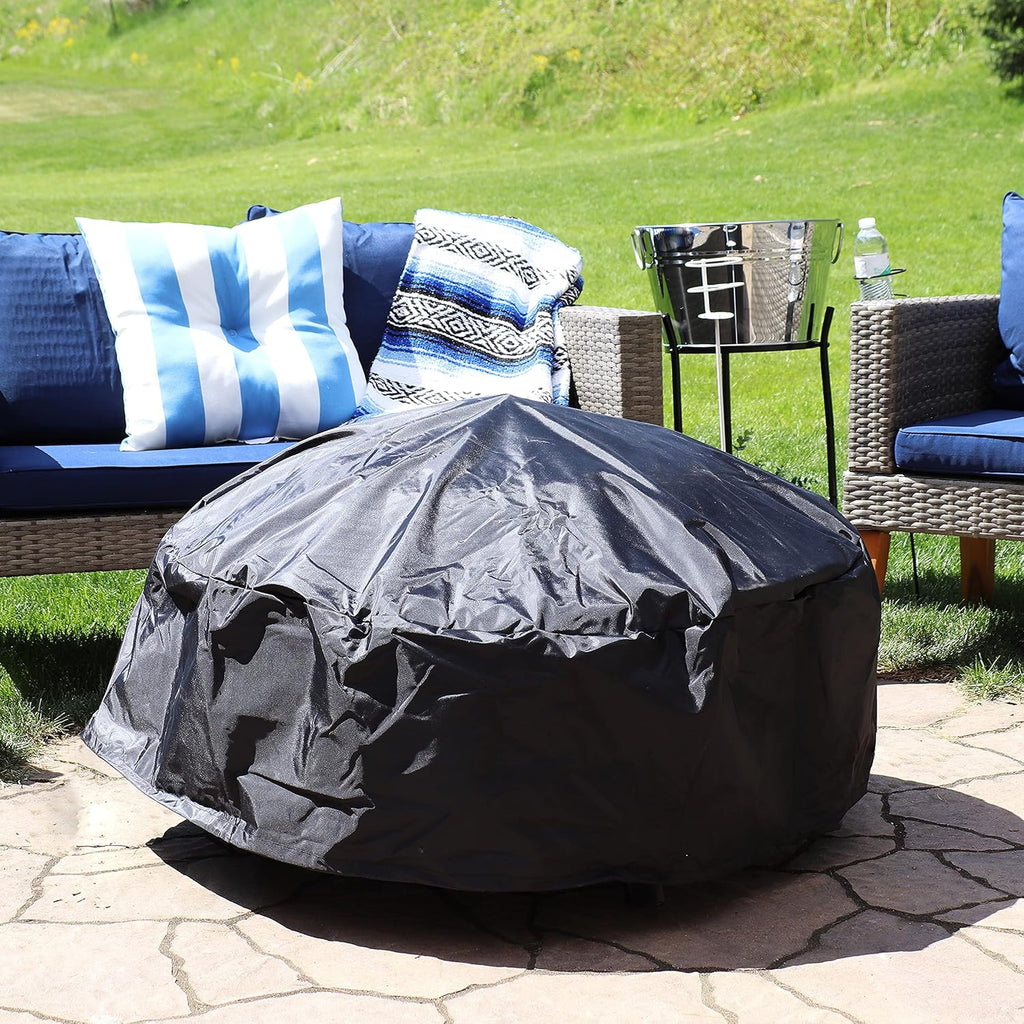Sunnydaze Round Outdoor Fire Pit Cover - Heavy-Duty 300D Polyester and PVC with Drawstring Closure - Black - 36-Inch