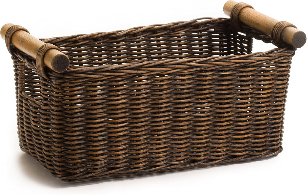 The Basket Lady Petit Pole Handle Wicker Storage Basket, Medium, 12 in L x 6.5 in W x 6 in H, Antique Walnut Brown