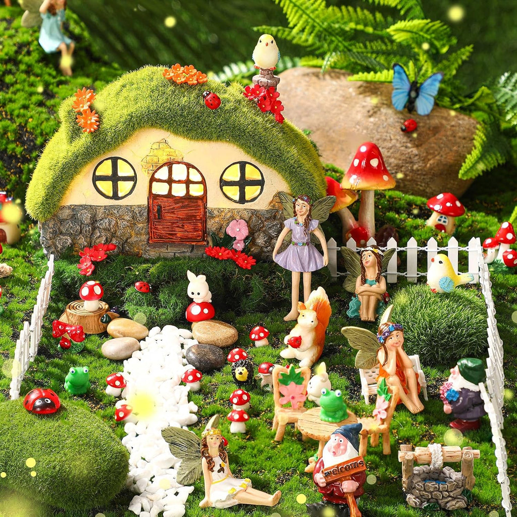 Suzile 50 Pcs Solar Fairy House Garden Accessories Light up Flocked Fairy House Garden Kit Green Resin Miniature Mushroom Figures Micro Landscape Ornament(Stone House)
