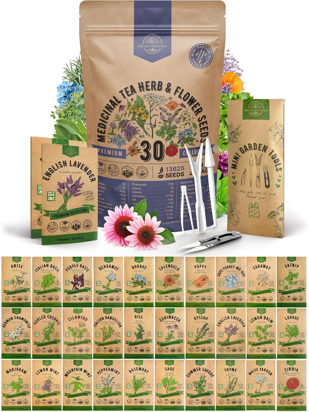 Organo Republic 30 Medicinal Tea Herb & Flower Seeds Variety Pack - 13600+ Non-GMO Heirloom Flower Seeds for Outdoor & Indoor Garden, Including Bergamot, Catnip, Calendula, Dandelion, Lovage, Zinnia
