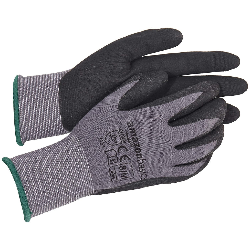 Amazon Basics Micro-Foam Nitrile Coated Work Gloves, Nylon Liner Fiber, Touch Screen, Size 8/M, 12 Pairs, Grey