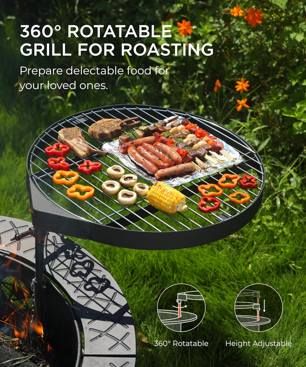 35 Inch Fire Pit with BBQ Grill, Wood Burning Fire Pits for Outside with Lid & Fire Poker, 3 in 1 Round Metal Fire Pit Table with Cooking Grate, Outdoor Firepit for Backyard, Patio, Bonfire, Picnic