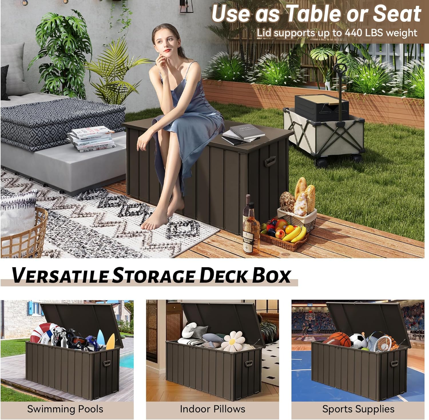 Outdoor Storage Box, 100 Gallon Metal Deck Box Waterproof, Outside Steel Storage Lockable Cabinet, Indoor Storage Bin Container for Patio/Poolside/Backyard Cushions, Pillow -Brown