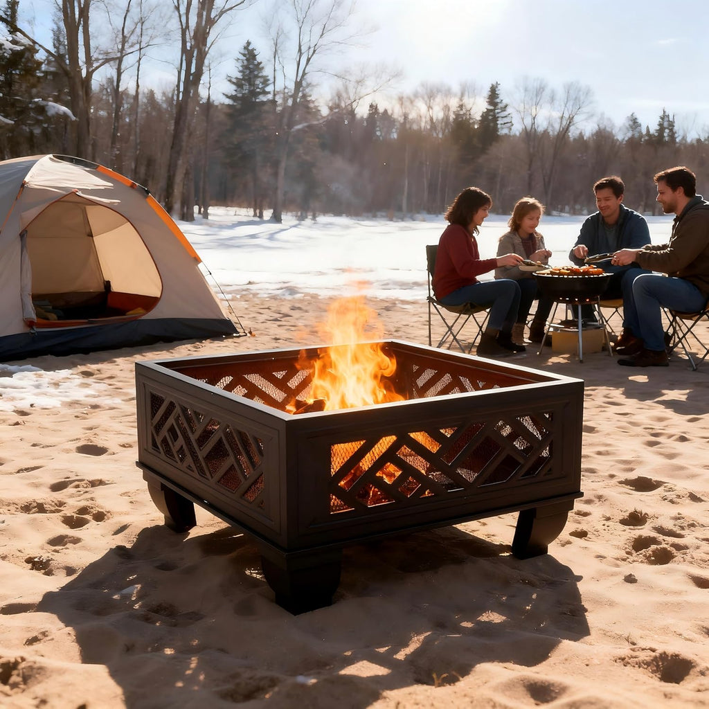 Breezz Update Version 26 Inch Wood Burning Fire Pit with Cooking Grill and Spark Screen, Outdoor Metal Firepit for Patio, Backyard, Bonfire Party, Camping and Garden