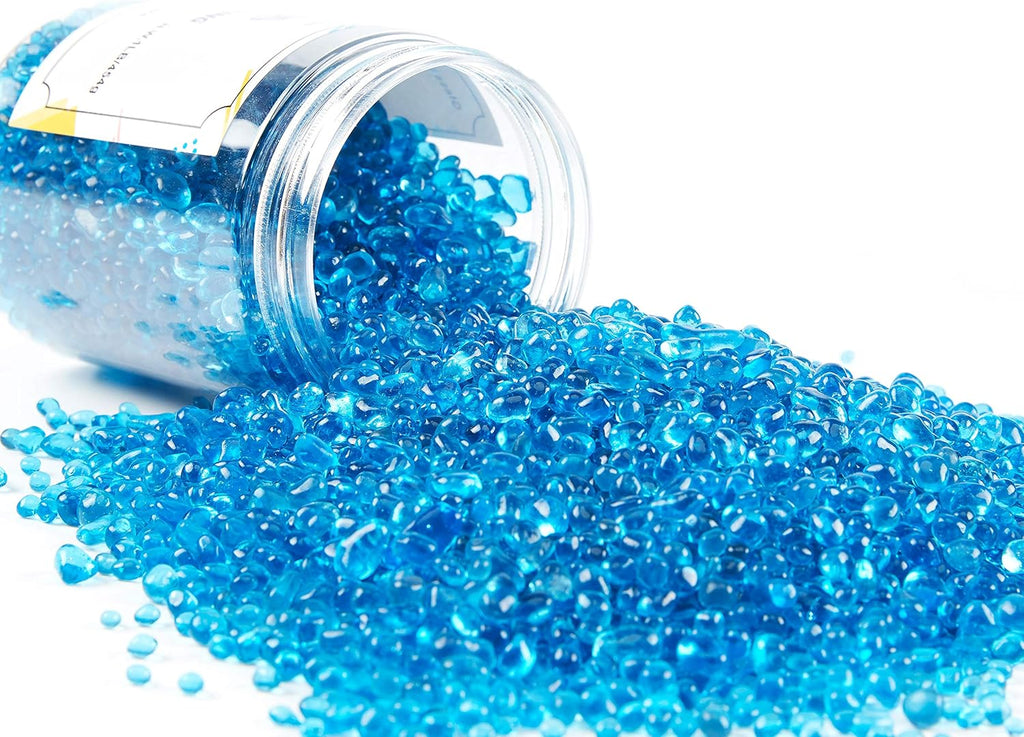 TWINKLING High Luster Round Fire Glass Stones,Glass Marbles Pebbles,Glass Beads Gems for Fire Pit Vase Fillers Crafts Aquarium Garden Decoration,3-6mm,1-Pound Jar (Ocean Blue)