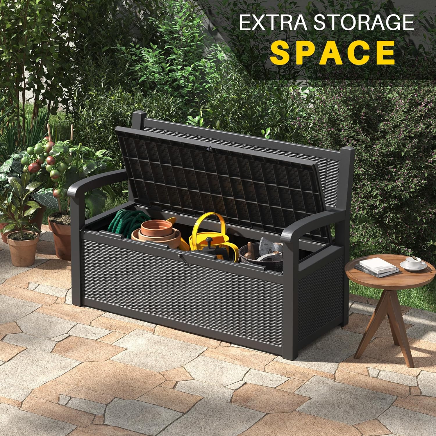 80 Gallon Outdoor Storage Box, Resin Patio Furniture with Armrest, Lockable Deck Box with Waterproof and UV Resistant for Patio Cushions, Garden Tools and Pool Supplies, Black
