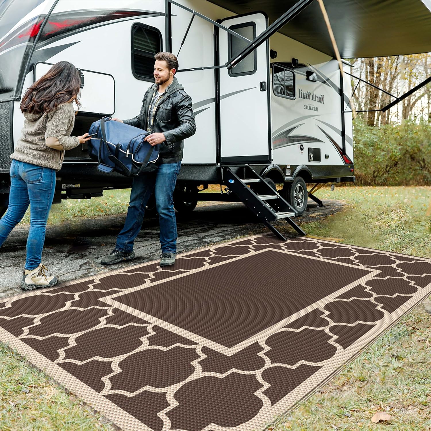 GENIMO 9' x 12' Outdoor Rug Waterproof for Patio Decor, Foldable Reversible Plastic Straw Area Rugs Mat for Camper, Outside Carpet for Rv, Deck, Porch, Picnic, Beach, Balcony, Coffee & Beige