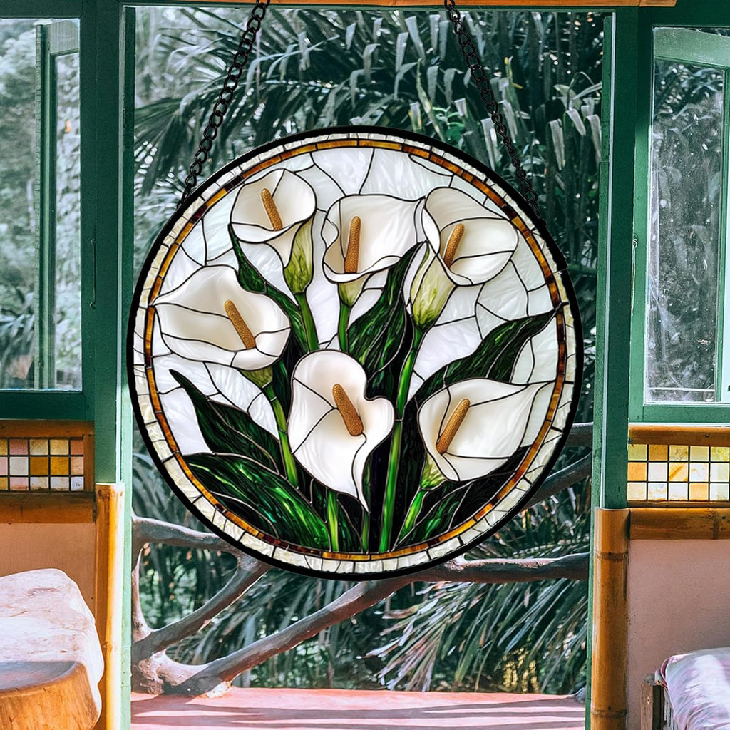 Stained Glass Window Hanging, White Calla Lily Flowers Sun Catchers Glass Panel Plant Suncatcher Decor for Birthday for Women, Men, Wife, Aunt, and Mom 14.9x14.9 in