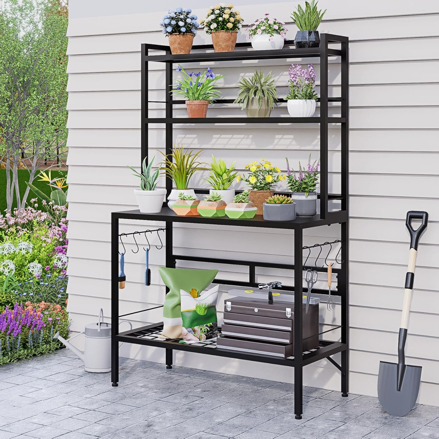 63” Metal Potting Bench&Table with Metal Tabletop, 4-Tier Plant Shelves, 8 Side Hooks, Outdoor/Indoor Gardening Workstation and Plant Stand, Black