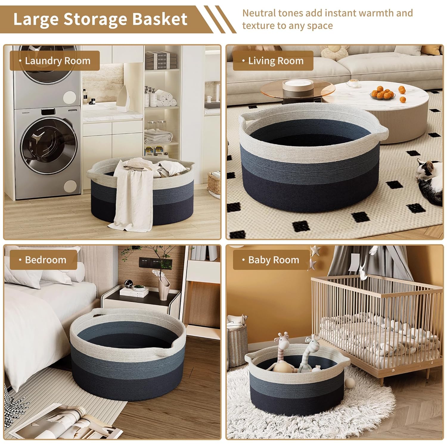 125L Extra Large Blanket Basket, 25" x 16", Jumbo Laundry Woven Baskets Decorative Home, Cotton Rope Basket with Handles, Baby Toy Baskets for Storage, Gradual Blue, 2PC