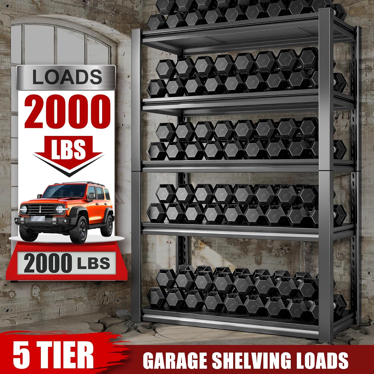 Raybee Storage Shelves 2000LBS Garage Shelving Heavy Duty, 5-Tier Adjustable Garage Shelves, Metal Shelving for Garage, Basement, Warehouse, Pantry, 72" H x 31.5" W x 16.5" D, Black