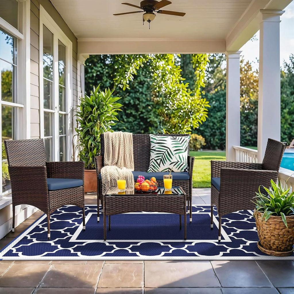 GENIMO 4' x 6' Outdoor Rug Waterproof for Patio Decor, Foldable Reversible Plastic Straw Area Rugs Mat for Camper, Outside Carpet for Rv, Deck, Porch, Picnic, Beach, Balcony, Blue & White