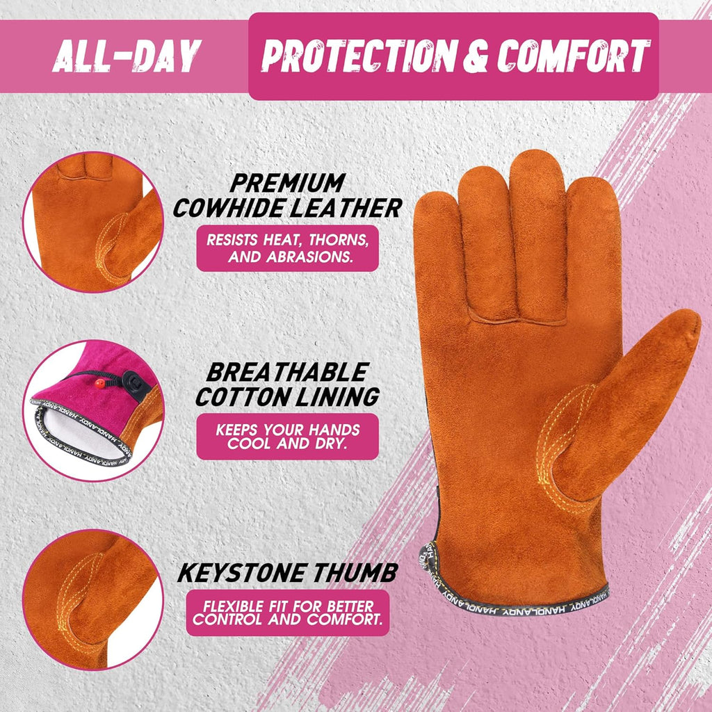 HLDD HANDLANDY Leather Work Gloves for Men & Women, Adjustable Wrist Cowhide Gardening Glove with Reinforced Palm for Driver