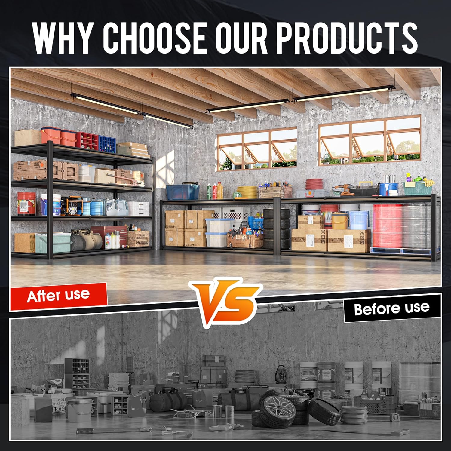 59.8" W x 59.8" H x 24.2" D Storage Shelves Metal Shelving, 2120LBS Garage Shelving Unit with Adjustable Shelf, 4 Tier Storage Rack for Garage, Pantry, Warehouse, Basement, Black