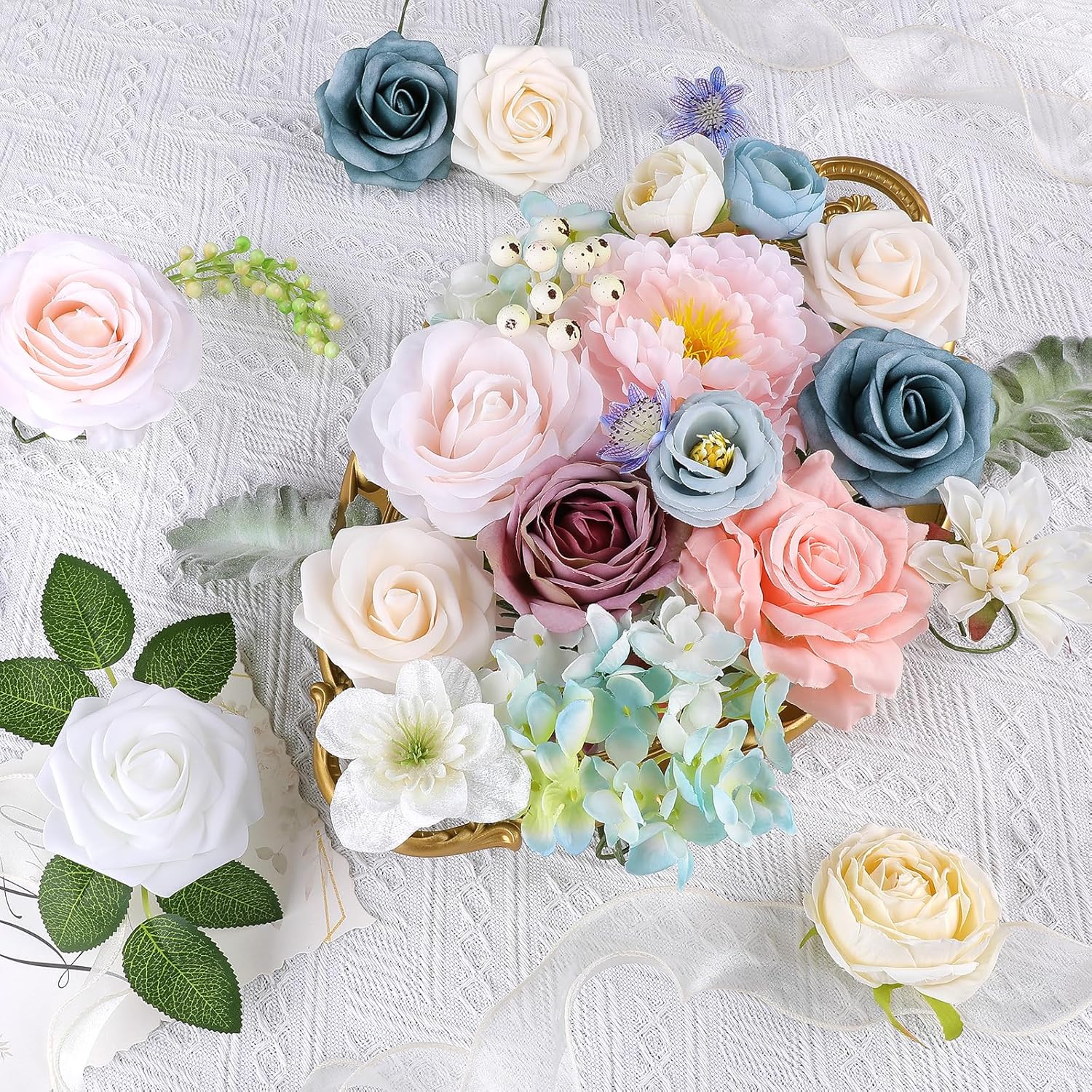 AGIRL Artificial Flowers Combo Silk Pink Roses Fake Flower with Stems for DIY Wedding Bouquets Centerpieces Arrangements Table Chair Decor Baby Shower Home Decor (Blue Pink)