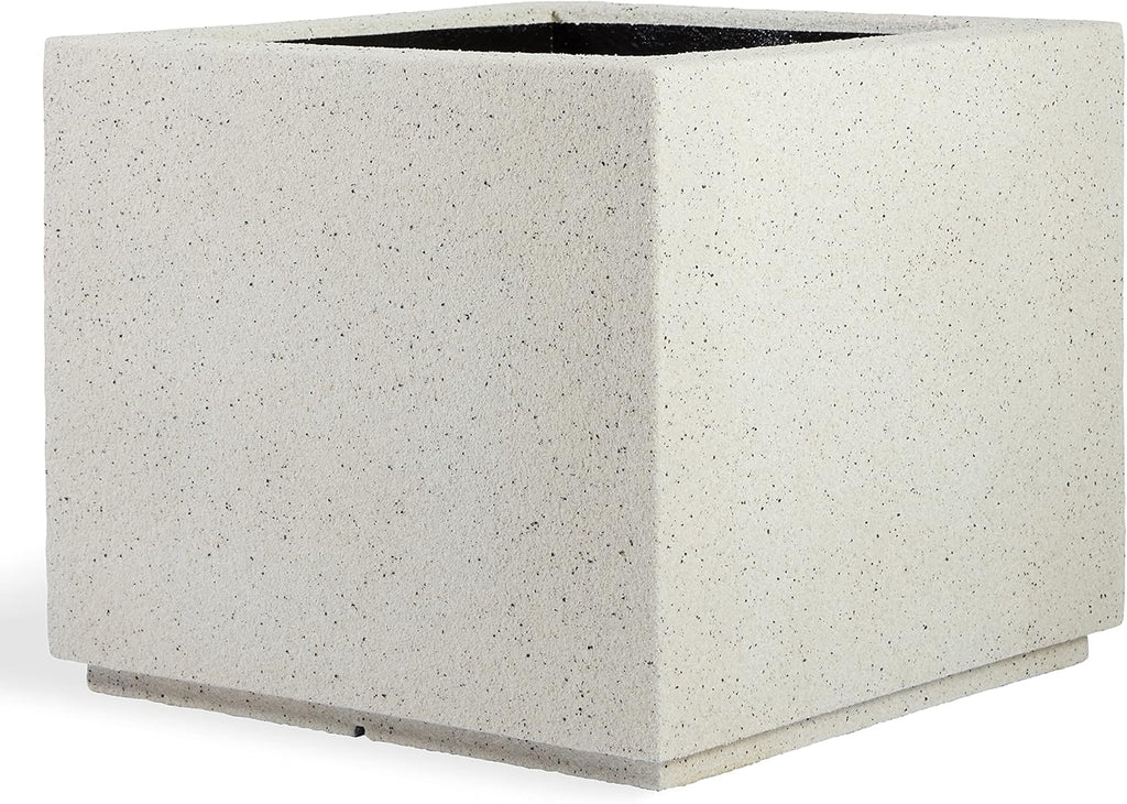 PolyStone Monterray Modern Outdoor/Indoor Square Planter, 23" L x 23" W x 19" H, Lightweight, Heavy Duty, Weather Resistant, Polymer Finish, Commercial Grade and Residential (White Granite)