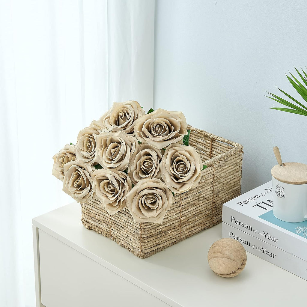 Artificial Rose 10pcs Open Flower Bouquet Faux Rose Stems for Wedding Arrangement, Bridal Bouquet, Centerpiece, Fake Faux Silk Flowers (Sand)