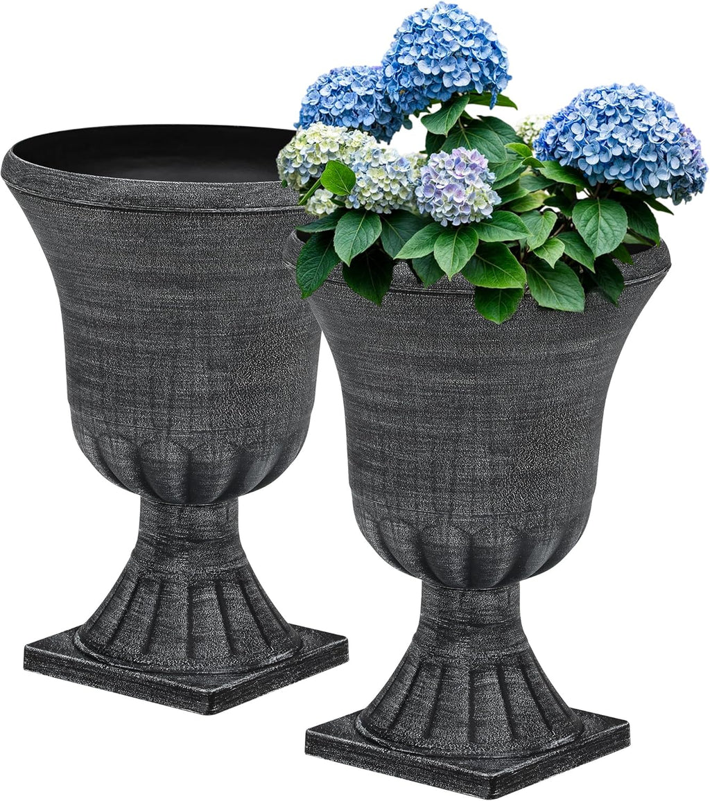 22" Large Urn Planters for Outdoor Plants, Set of 2 Plastic Flower Pot with Handmade Washed Black Finish, Weather-Resistant for Porch, Garden, Patio or Indoor Decor