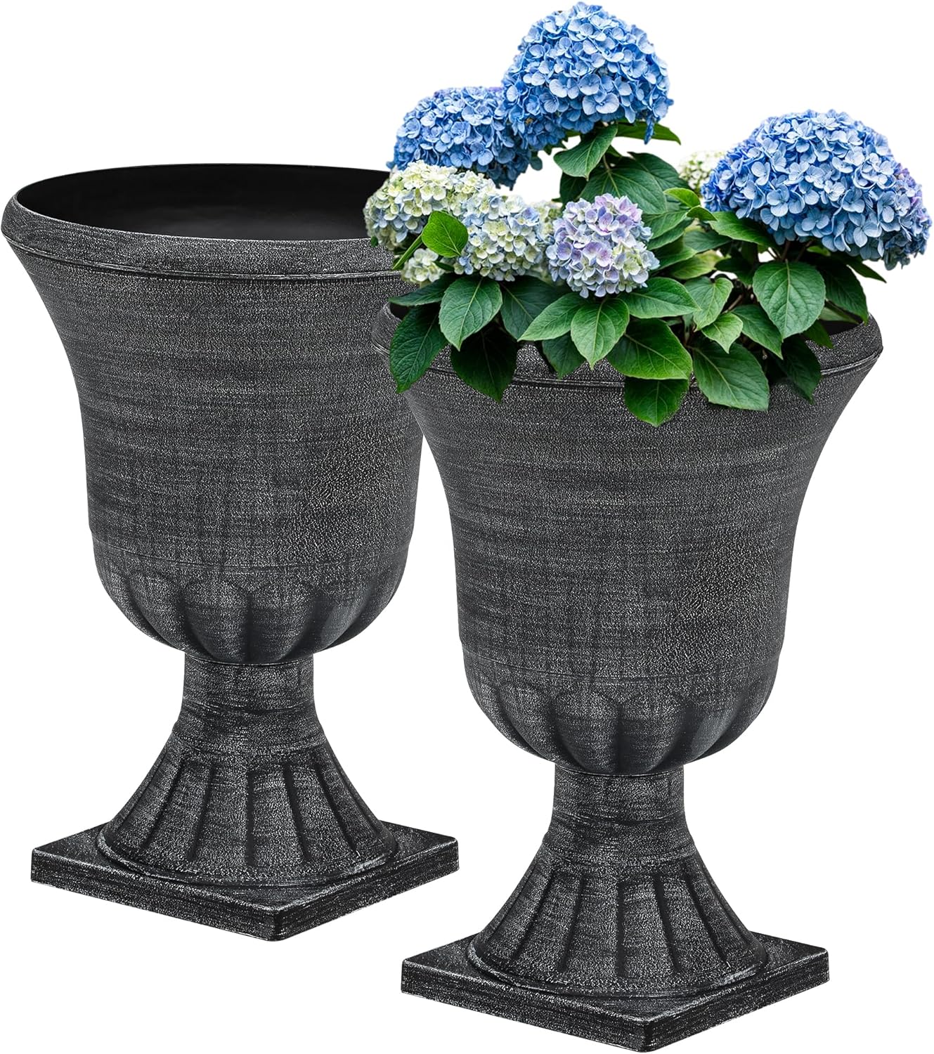 22" Large Urn Planters for Outdoor Plants, Set of 2 Plastic Flower Pot with Handmade Washed Black Finish, Weather-Resistant for Porch, Garden, Patio or Indoor Decor