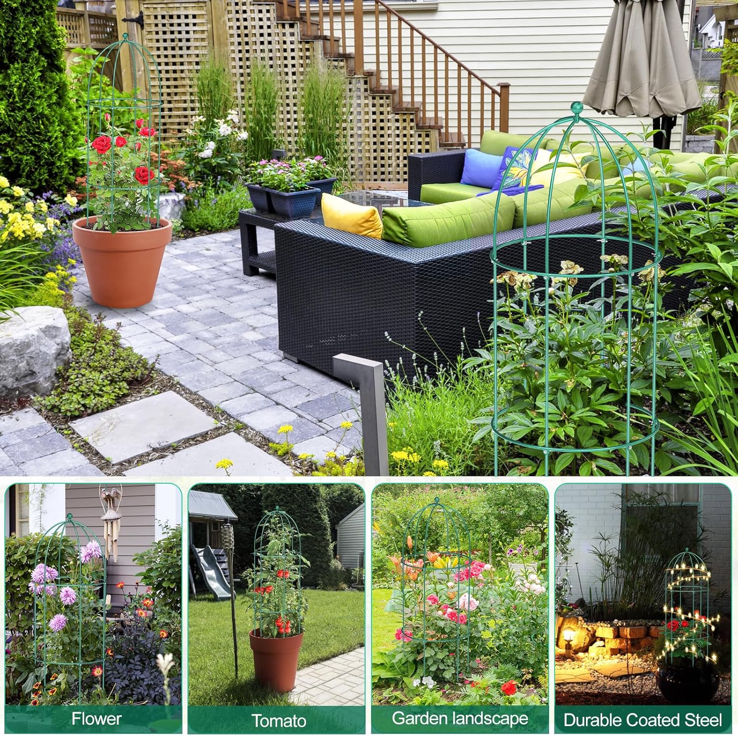 3 Pack Metal Plant Cage Support, 47" H Peony Support Tomato Cage Garden Obelisk Trellis Rose Trellis Support Tower Obelisk Garden Trellis for Clematis Vine Jasmine Support Outdoor Indoor