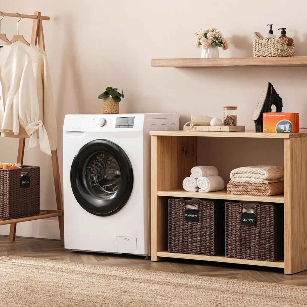 UBBCARE 4 Pack Wicker Basket, 10.5×10.5 Storage Cubes with Label, Foldable Cube Storage Bin with Handle, Square Storage Basket for Shelves, Woven Paper Rope Basket for Organizing, Brown