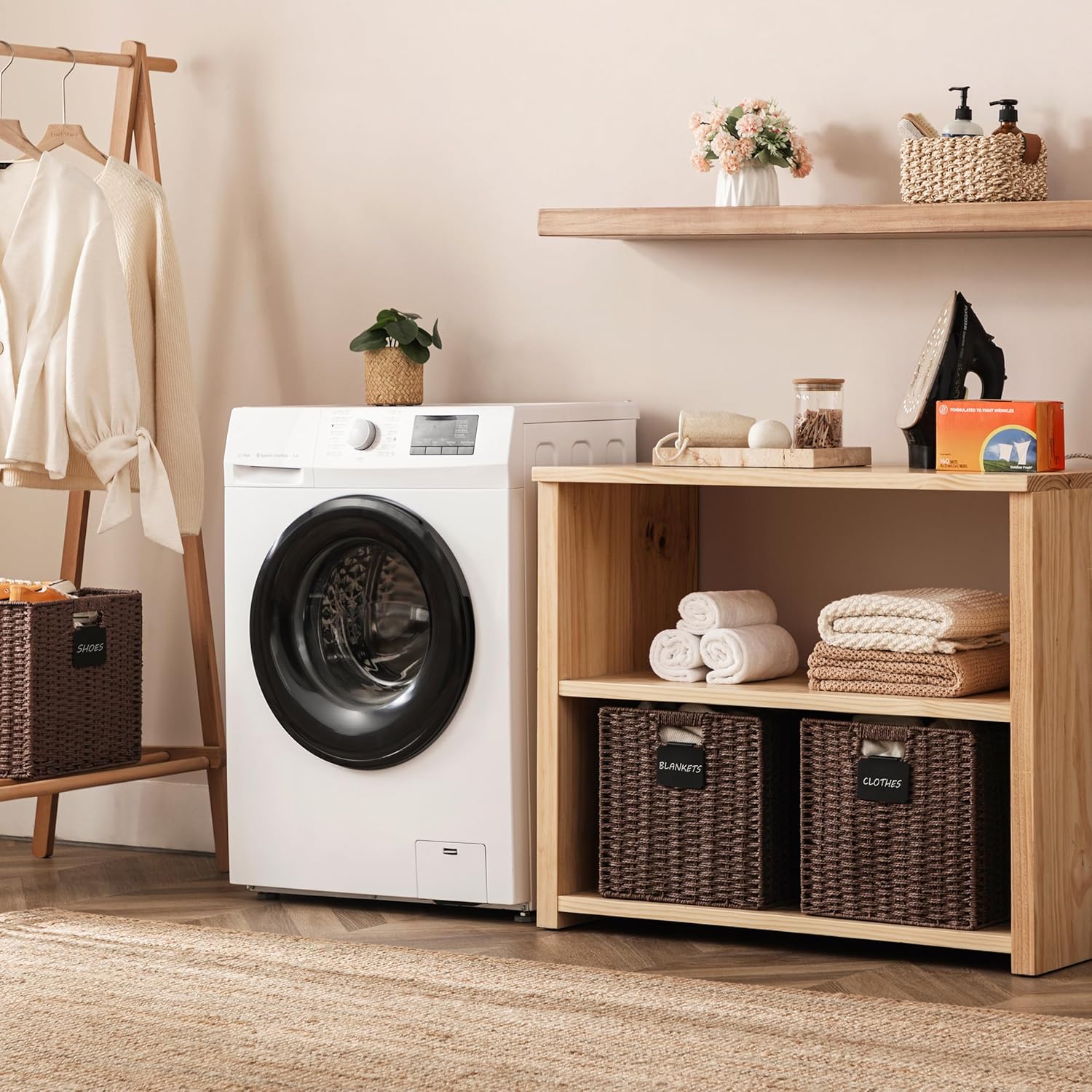 UBBCARE 4 Pack Wicker Basket, 13×13 Storage Cubes with Label, Foldable Cube Storage Bin with Handle, Square Storage Basket for Shelves, Woven Paper Rope Basket for Organizing, Brown