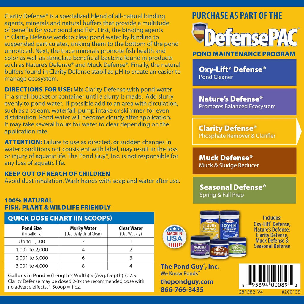 The Pond Guy Clarity Defense Water Garden Flocculant, Clear Cloudy Water, Stimulate Beneficial Microbe Growth, Fish, Plant & Animal Safe, 3 lbs
