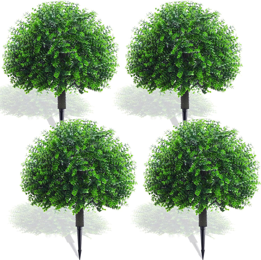 Yunlly 4 Pcs 18 Inch Artificial Boxwood Ball Topiary Tree Fake Outdoor Plants Bush, UV Resistance Faux Shrubs with Spike Realistic Greenery Potted for Indoor Garden Yard Porch Patio Decor (Green)