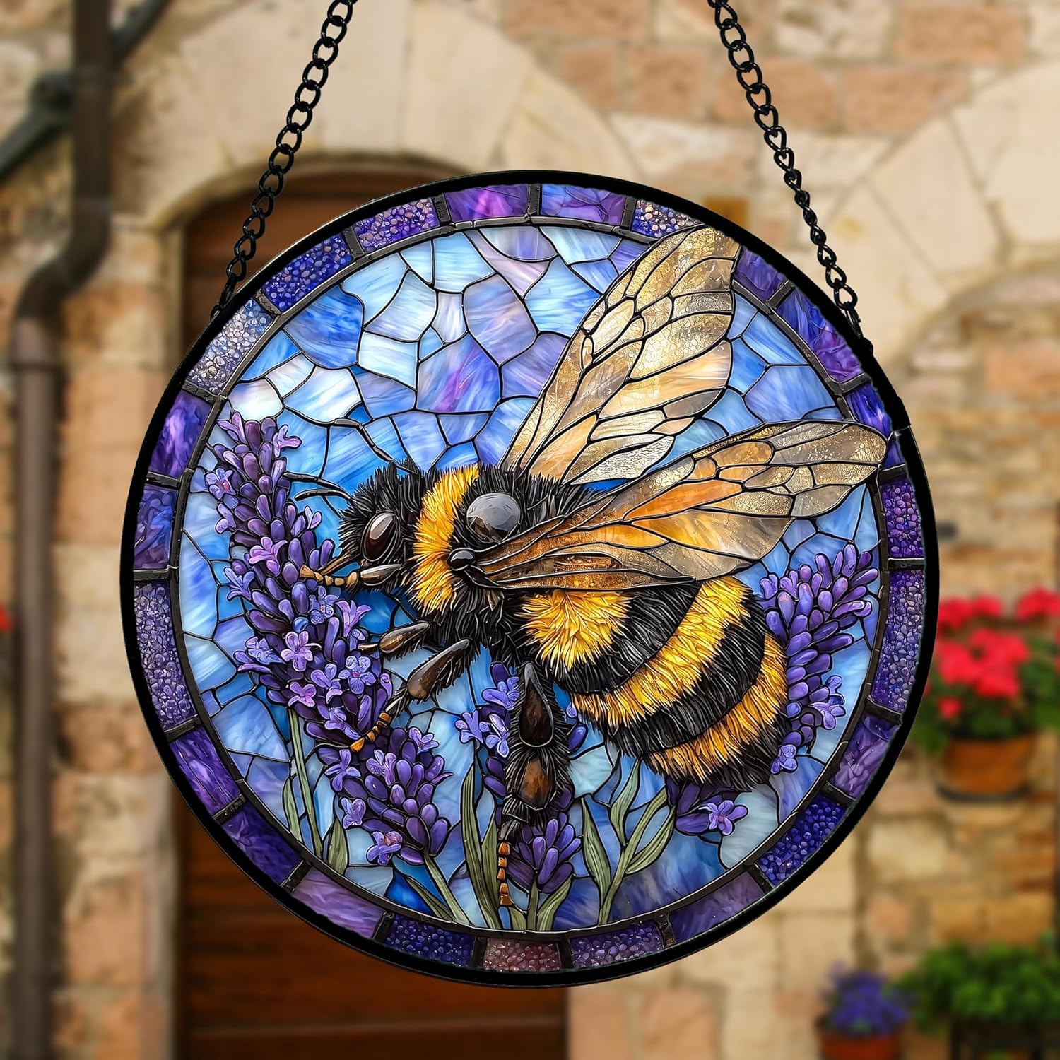 Stained Glass Window Hanging, Bee Lavender Sun Catchers Diamond Glass Panel Hangings Insect Suncatcher Decor for Birthday for Women, Men, Wife, Aunt, and Mom 6.3 in