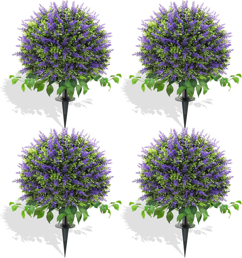 28" Artificial Boxwood Topiary Ball with Lavender, UV Resistant Topiary Tree Faux Boxwood Ball Shaped Porch Bushes with Ground Spike Artificial Bushes for Outdoors Front Door Decor Home Garden