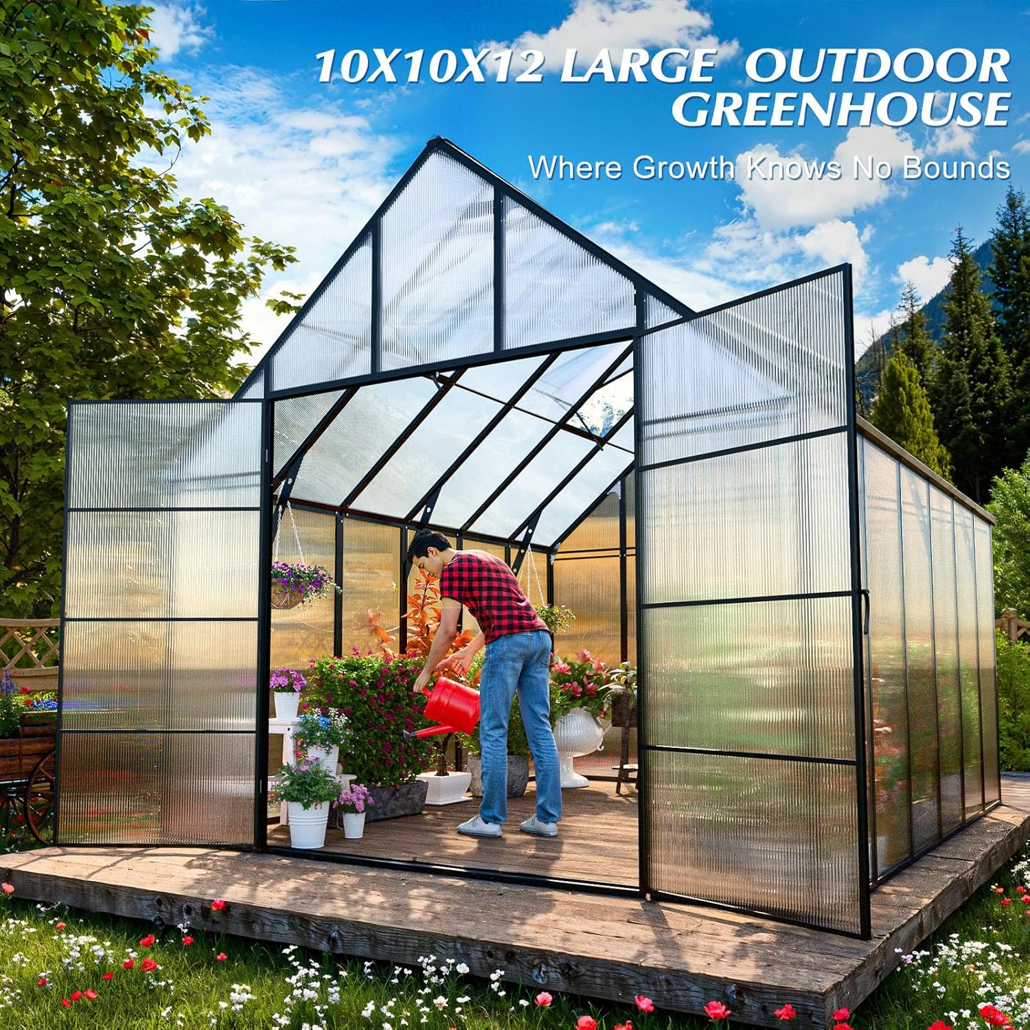 10x10x12 FT Heavy-Duty Greenhouse 2.0 with Polycarbonate Panels, Swing Door, Hinged Roof Vent, and Rain Gutters for Outdoor Use, Aluminum Black