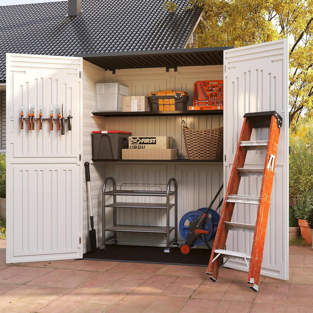 Vertical Resin Storage Shed, 60 Cuft Garden Tool Sheds & Outdoor Storage, Plastic Outdoor Storage Cabinet Waterproof, 4.5 x 2.3 ft Backyard Outside Lawn Mower Storage Shed, White