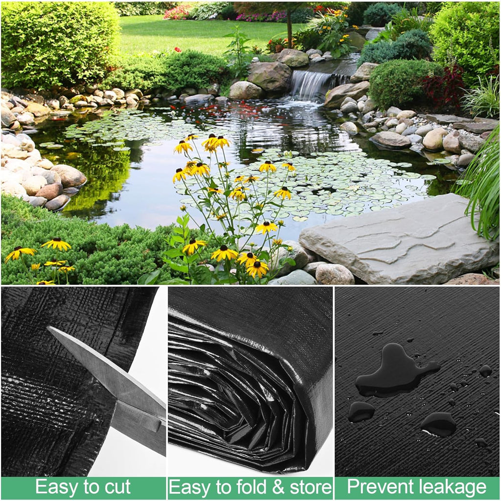 MYFAMIREA 20 x 20FT Pond Liner, 28Mil PE Preformed Pond Liner with 16 Hemmed Edge Buttonholes Sun Resistant Easy Cutting for Outdoor Ponds, Fish Koi Ponds, Garden Fountain, Waterfall Ponds