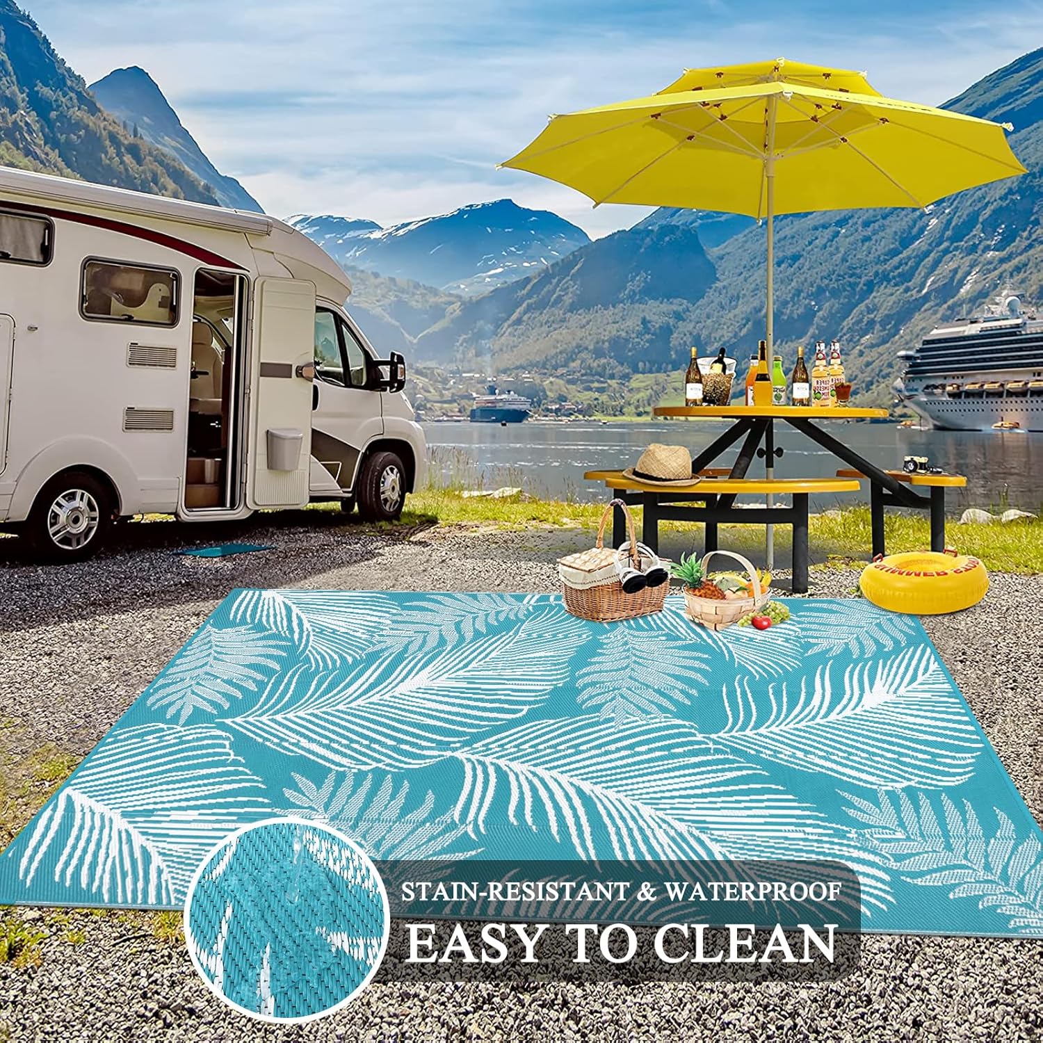Pauwer Waterproof Outdoor Rug 9x12, Reversible Plastic Straw Patio Camping Rug, Indoor Outdoor RV Mat Carpet for Deck, Camper, Porch, Balcony, Backyard, Picnic, Leaf Teal