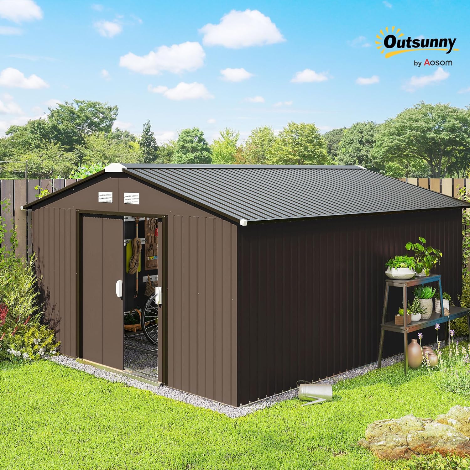 Outsunny 11' x 13' Outdoor Storage Shed, Garden Tool Metal Shed with Foundation Kit, Double Lockable Door, Air Vents and Sloping Roof, for Backyard, Patio, Lawn, Brown