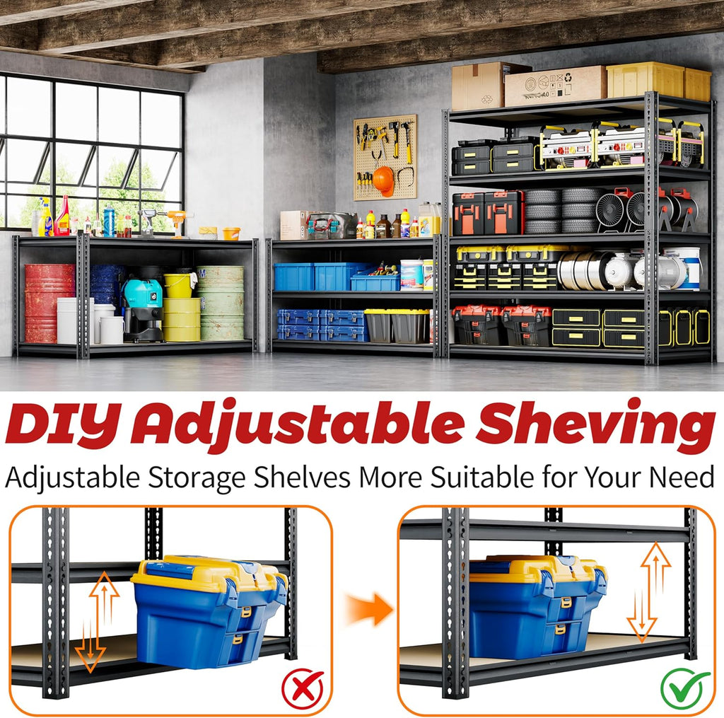 48"W Garage Shelving, 3050LBS Storage Shelves heavy duty, 5 Tier Metal Shelving Unit Adjustable Garage Shelves Heavy Duty Shelving for Warehouse,Commercial, Kitchen, 48" W × 24" D × 72" H, Black