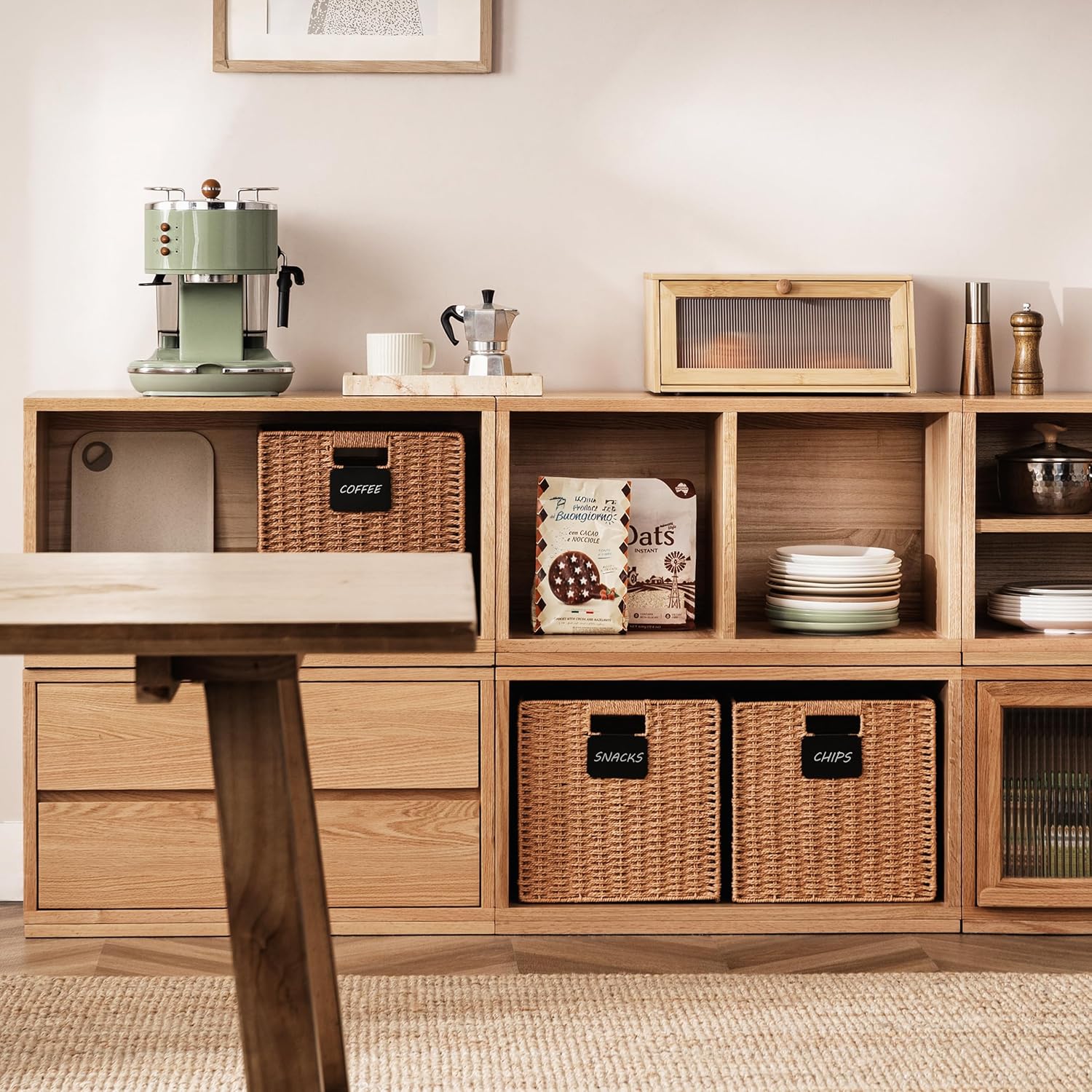 UBBCARE 2 Pack Wicker Basket, 12×12 Storage Cubes with Label, Foldable Cube Storage Bin with Handle, Square Storage Basket for Shelves, Woven Paper Rope Basket for Organizing, Caramel