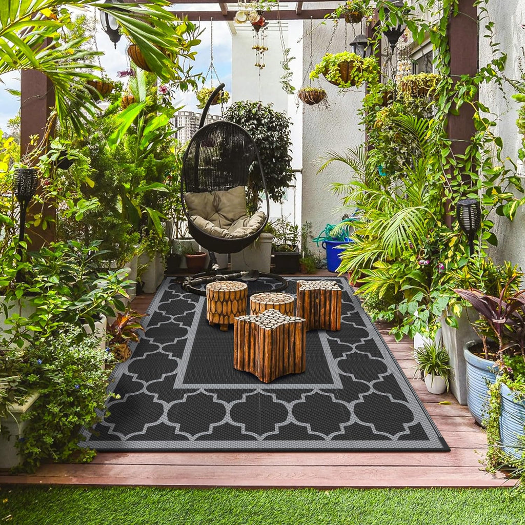 GENIMO 5' x 8' Outdoor Rug Waterproof for Patio Decor, Foldable Reversible Plastic Straw Area Rugs Mat for Camper, Outside Carpet for Rv, Deck, Porch, Picnic, Beach, Balcony, Black & Grey