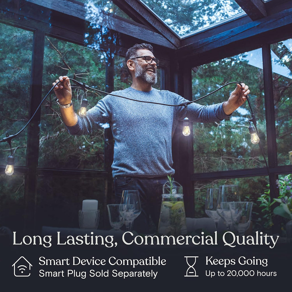 Brightech Ambience Pro - Waterproof LED Outdoor String Lights - 15 Hanging, Dimmable 2W Vintage Edison Bulbs - 48 Ft Commercial Grade Patio Lights Create Cafe Ambience in Your Backyard