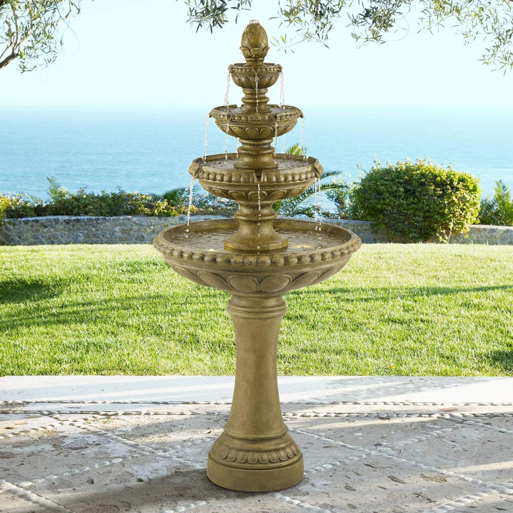 Sag Harbor 66" High Large Italian Outdoor Decor Sand Stone Floor Fountain with Light LED Waterfall 4-Tier Standing Basin Water Feature for Outside Garden Patio Yard Backyard Porch - John Timberland