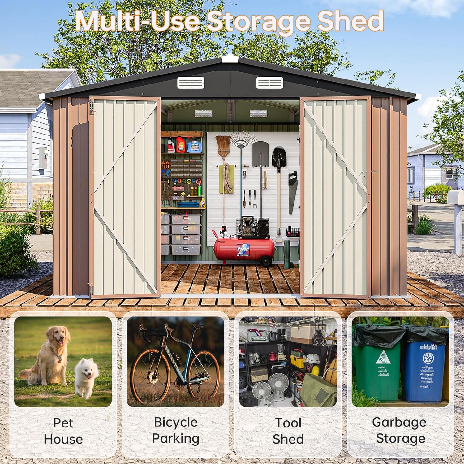 8x10 FT Outdoor Storage Shed, Utility Steel Tool Shed with Lockable Door and Air Vents, Galvanized Metal Shed for Garden Backyard Patio Lawn (8'x10', Brown)