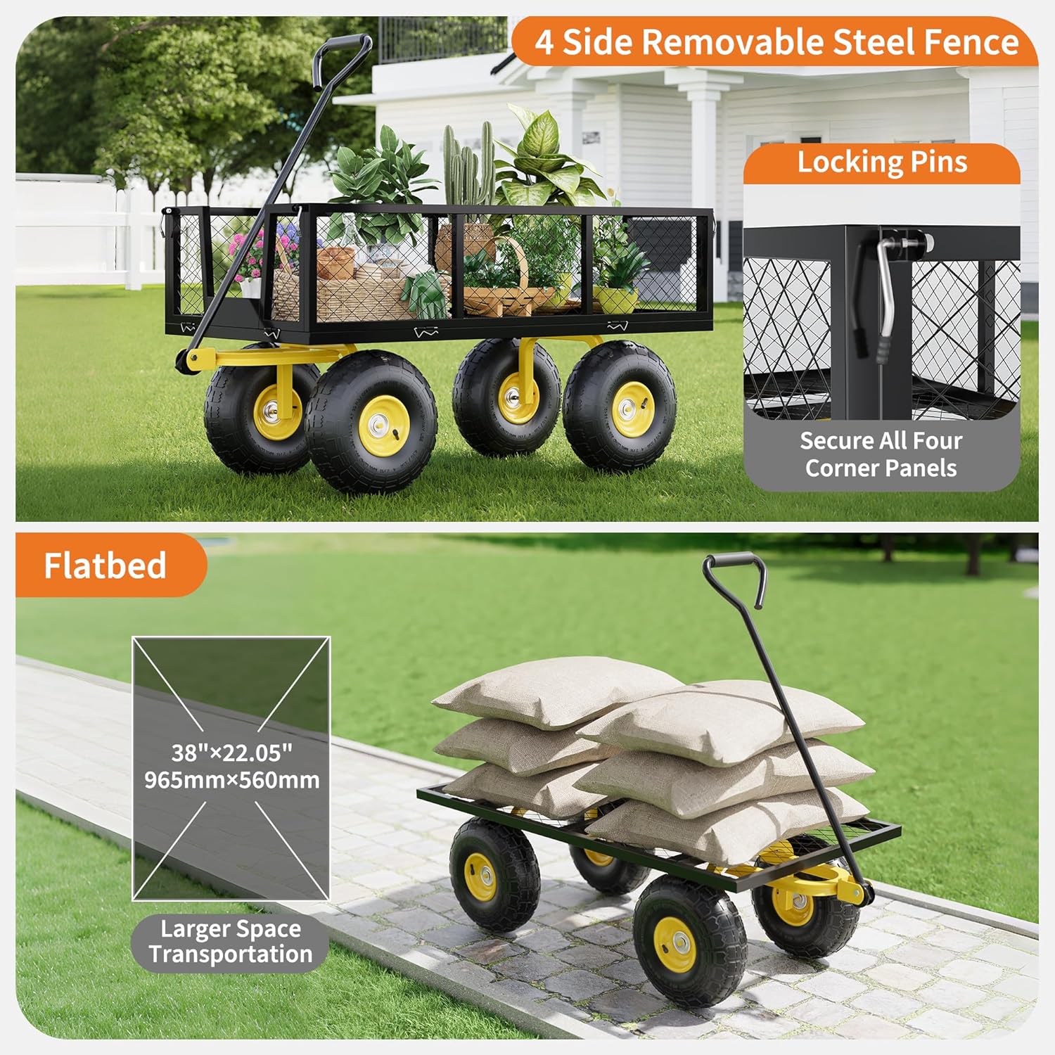900 Lbs Garden Wagon, 2-in-1 Heavy-Duty Steel Garden Cart, with 10 Inch All-Terrain Tires and Removable Mesh Side Panels, 180° Rotating Handle, Metal Utility Yard Trailer, Outdoor Gardens Wagon Cart