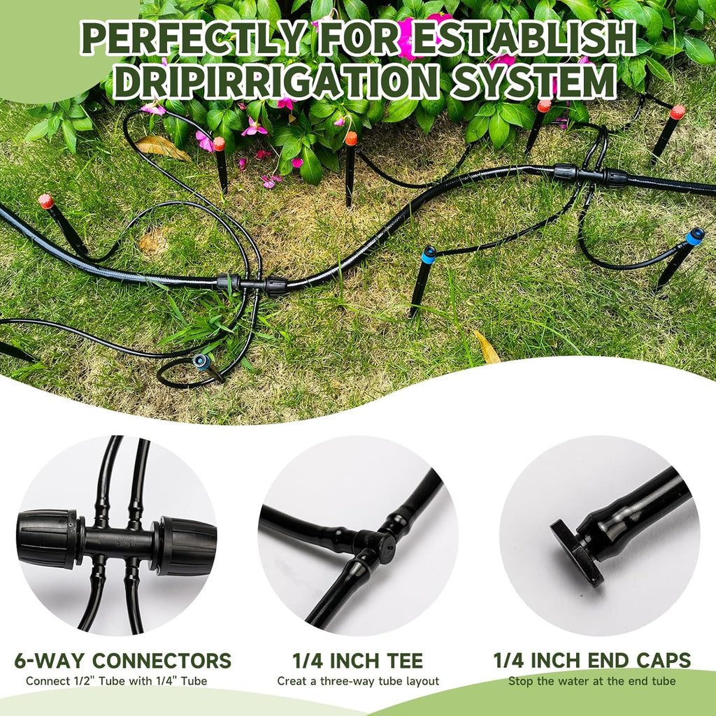100FT 1/4 Inch Drip Irrigation kit Tubing Distribution Hose Tube for Garden Drip Irrigation System (Includes 2 Pack 6-Way Connector and 20pcs 1/4" Tee Splitters and End Plugs)
