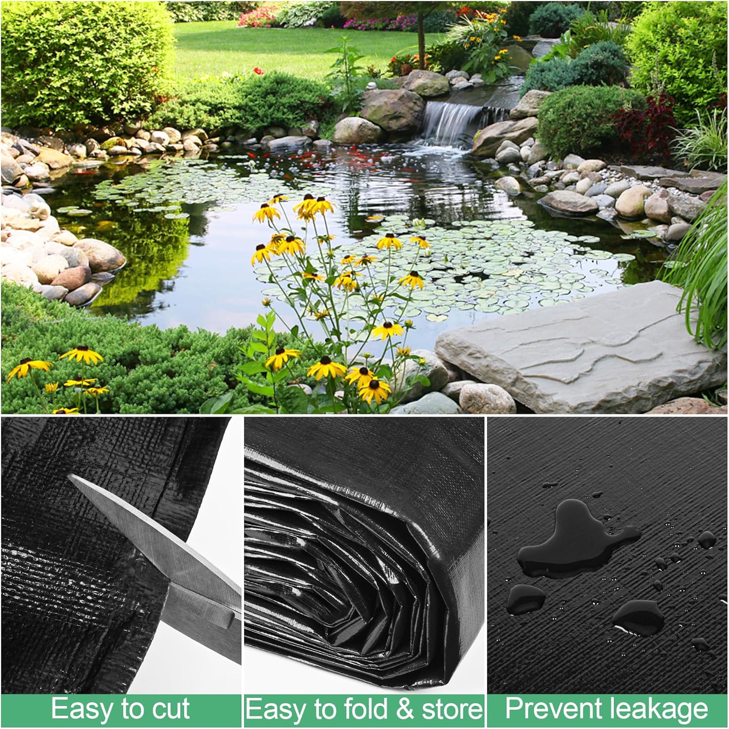 MYFAMIREA 20 x 25FT Pond Liner, 28Mil PE Preformed Pond Liner with 18 Hemmed Edge Buttonholes Sun Resistant Easy Cutting for Outdoor Ponds, Fish Koi Ponds, Garden Fountain, Waterfall Ponds